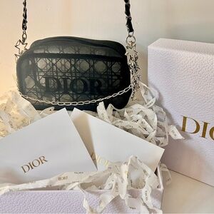 DIOR Beauty Black Mesh Crossbody Bag Cosmetic Makeup Chain Purse Straps w/ box